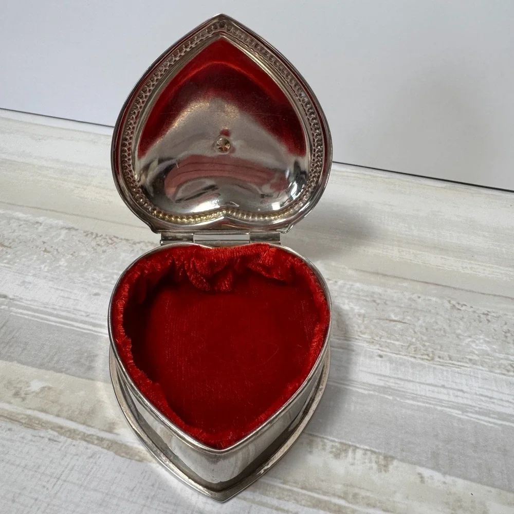 Vintage Silver Plate Heart-Shaped Velvet-Lined Trinket Box